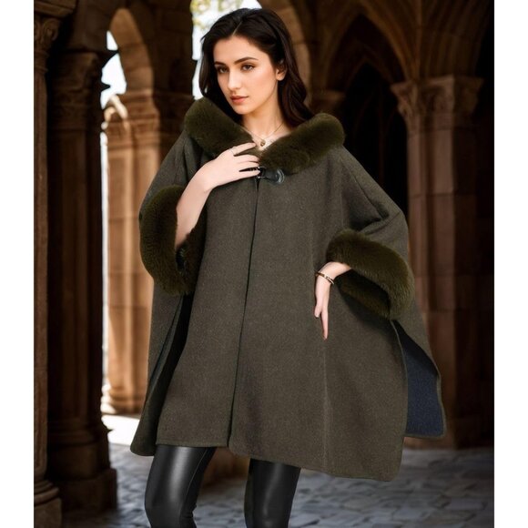 HOT Women's Luxury Batwing Sleeve Faux Fur Cape-Army Green - Picture 5 of 5